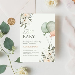 Benvenuto al tuo piccolo con palloncino floreale, inviti per festa di bambino, modelli stampabili, biglietto inviti a tema verde Hello Baby