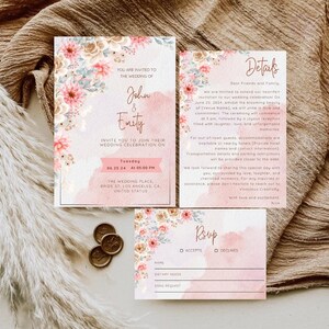 Hochzeitseinladung mit Details Anpassbare 3-in-1 Canva Bearbeitbare Vorlagen Hochzeitseinladungen mit Antwortkartenvorlagen