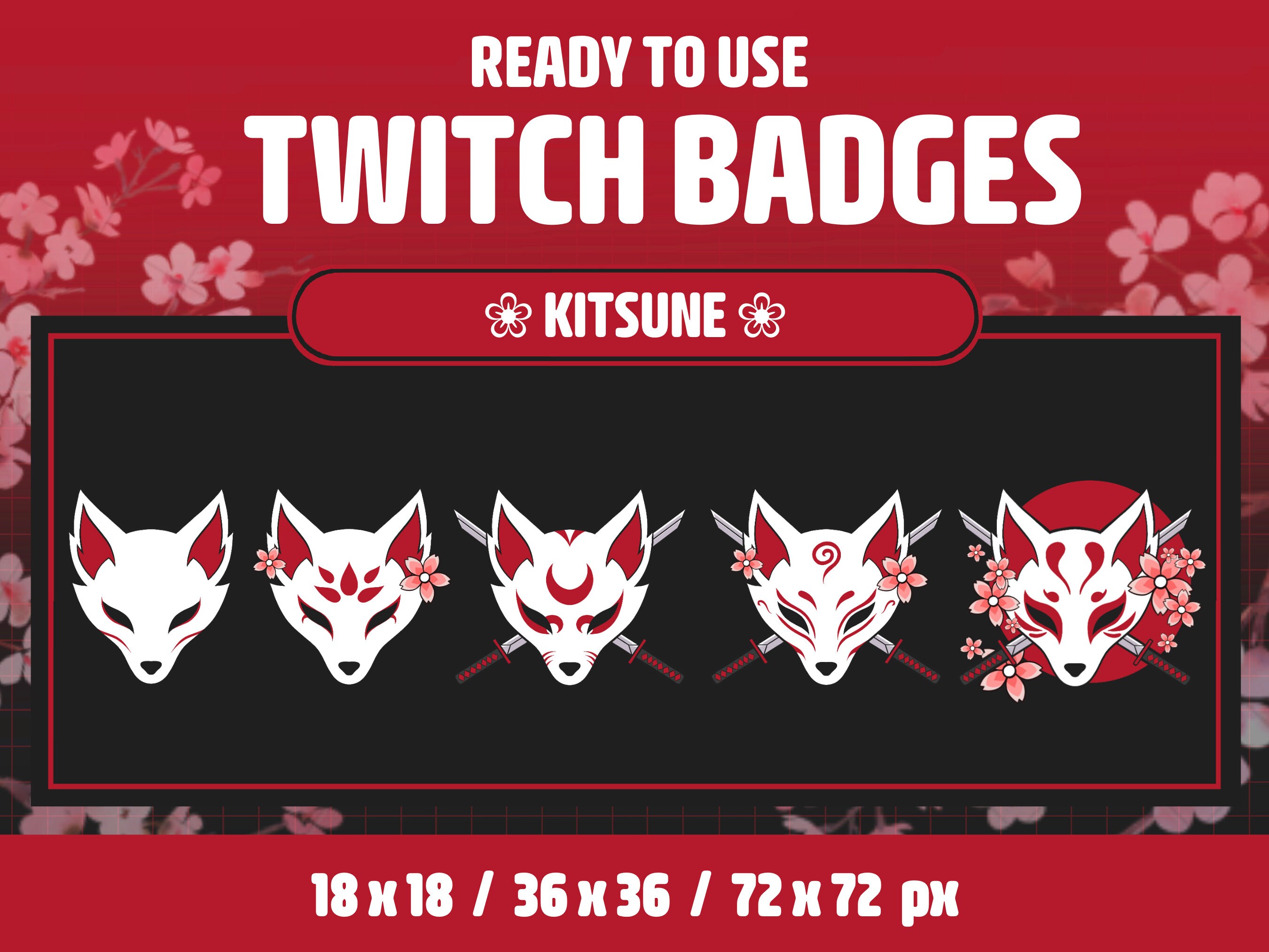 Kitsune Mask Twitch Badges: Sakura & Katana Designs (instant Download ...