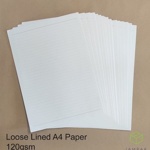 May include: A stack of 20 loose lined A4 paper sheets, 120gsm, in white. The paper is lined with a light grey line. The paper is on a brown surface.