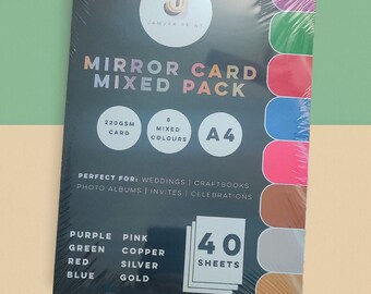 Mirror card Packs A4 40 Sheets 220gsm 8 Colours. Multiple colours SMALL PACK
