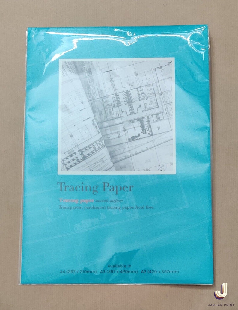 May include: A package of tracing paper with a smooth surface. The package is blue and has the text "Tracing Paper" in white. The text "Transparent parchment tracing paper. Acid free." is also printed on the package. The package is available in three sizes: A4 (297 x 210mm), A3 (297 x 420mm), and A2 (420 x 597mm).