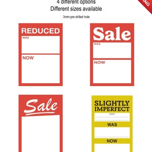 SALE CARDS, REDUCED, was - now cards pricing Imperfect, hanger swing tickets
