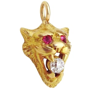 Antique Victorian 14K Gold Panther/Lion Charm Pendant/Old Mine Cut Diamond & Rubies