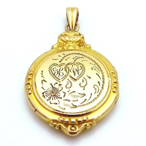Vintage Hayward 12K Gold Filled Art Deco Style Pendant Locket with Hearts & Flower