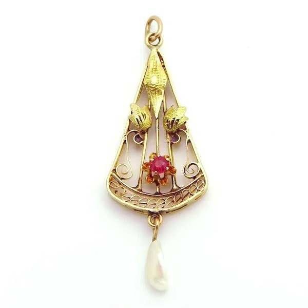 Antique 10K Gold Art Nouveau 10K Gold Ruby & Fresh Water Pearl Lavalier Pendant