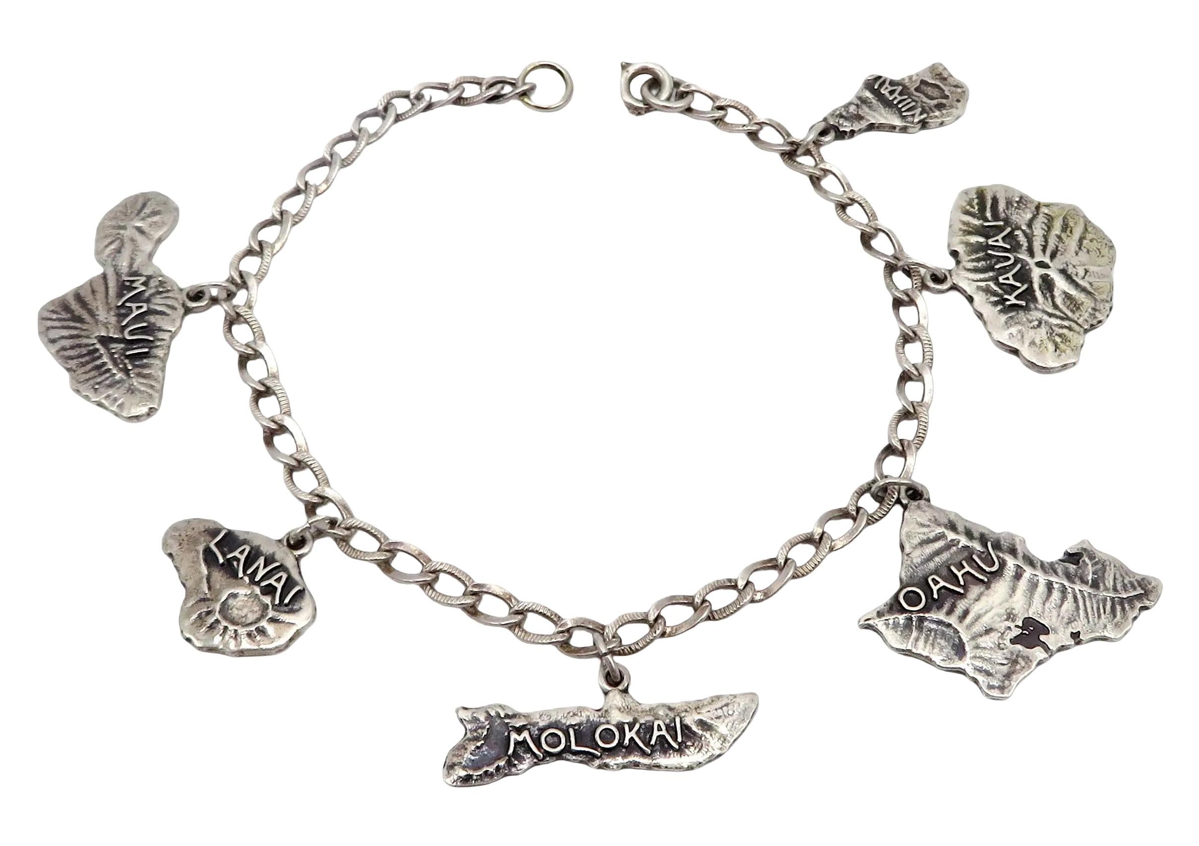 Vintage 1960s Sterling Silver Hawaiian Islands Souvenir Charm Bracelet