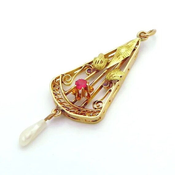 Antique 10K Gold Art Nouveau 10K Gold Ruby & Fres… - image 3