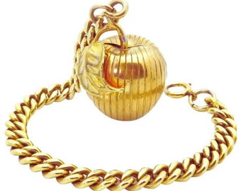 Vintage 12K Gold Filled Pumpkin Photo Locket Pendant Cuban Link Charm Bracelet