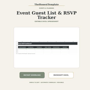 Könnte beinhalten: Eine bearbeitbare Excel-Tabelle für eine Gästeliste und RSVP-Verfolgung von TheHonestTemplate. Das Dashboard zeigt Spalten für eingeladene Haushalte, Ja-Antworten, Nein-Antworten, ausstehende Antworten, geschätzte Gäste und ein Ziel von 60 Gästen.