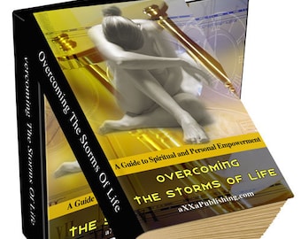 Op de afbeelding: Een boek getiteld "Overcoming The Storms Of Life: A Guide to Spiritual and Personal Empowerment" met een gele kaft en een vrouw die op een gouden harp zit. Het boek is gebonden in zwart en heeft een gouden rug. Het boek is open op een pagina met de titel "Overcoming The Storms Of Life" en het websiteadres "aXXaPublishing.com".