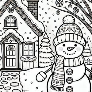 2 páginas para colorear de invierno / Muñeco de nieve y casa acogedora / PDF imprimible