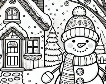 2 Winter Coloring Pages | Snowman and Cozy House | Printable PDF