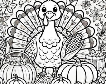 Thanksgiving Turkey and Harvest Coloring Page | Fun for Kids and Adults | Printable PDF