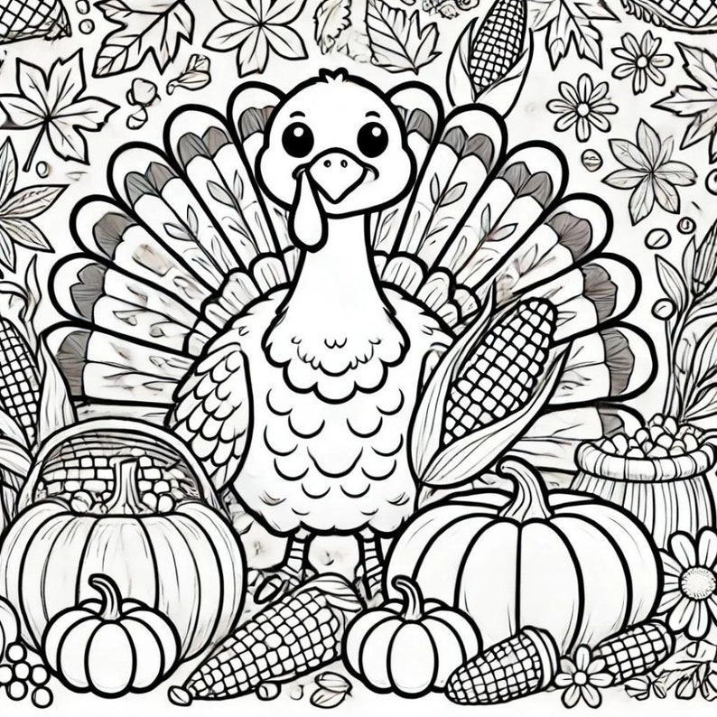 May include: A black and white line drawing of a Thanksgiving turkey surrounded by pumpkins, corn, and fall leaves. The turkey has a large, detailed tail and a friendly expression.
