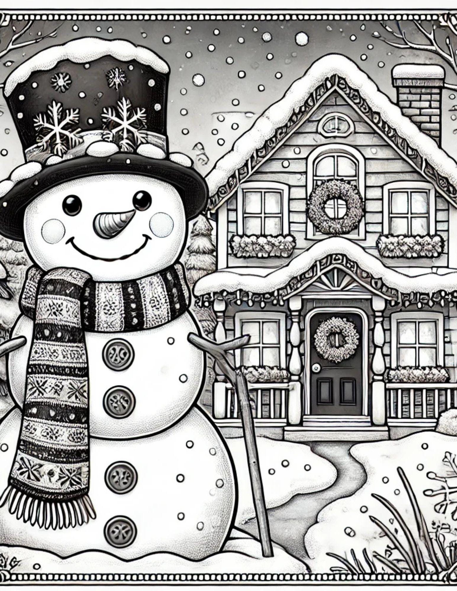 2 Winter Coloring Pages | Snowman and Cozy House | Printable PDF - Etsy
