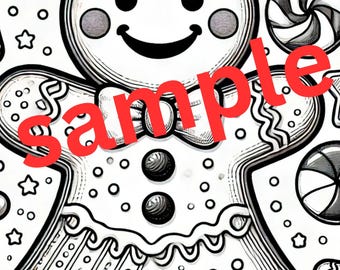 May include: A black and white line drawing of a gingerbread man with candy canes and snowflakes. The gingerbread man is smiling and has a bow tie. The image is a coloring page.