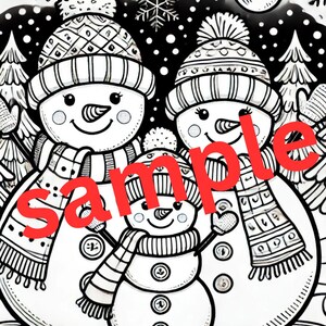Página para colorear de una familia de muñecos de nieve / Escena festiva invernal / PDF imprimible