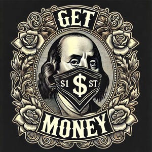 Puede incluir: Una ilustración en negro y dorado de un hombre que lleva una máscara facial con un signo de dólar en ella. El texto "GET MONEY" está debajo de la imagen y el texto "$1 $ ST" está en la máscara.