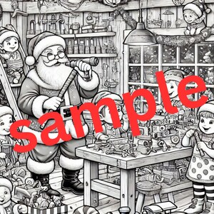 Pode incluir: Ilustração em preto e branco do Papai Noel em sua oficina com duendes trabalhando em brinquedos. O Papai Noel está segurando um telescópio e olhando para os duendes. Há muitos brinquedos e ferramentas na oficina, incluindo um trem de brinquedo com a etiqueta "SANTA".