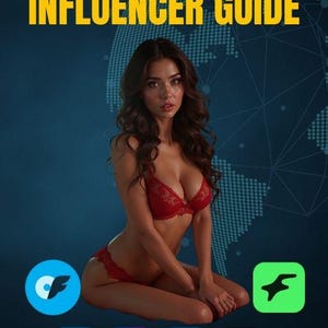 Op de afbeelding: Digitale PDF met de titel "THE COMPLETE AI INFLUENCER GUIDE" in gele tekst. De afbeelding toont een vrouw in rode lingerie, met social media-iconen eronder. De achtergrond is een donkerblauwe gradiënt met een wereldkaartontwerp.