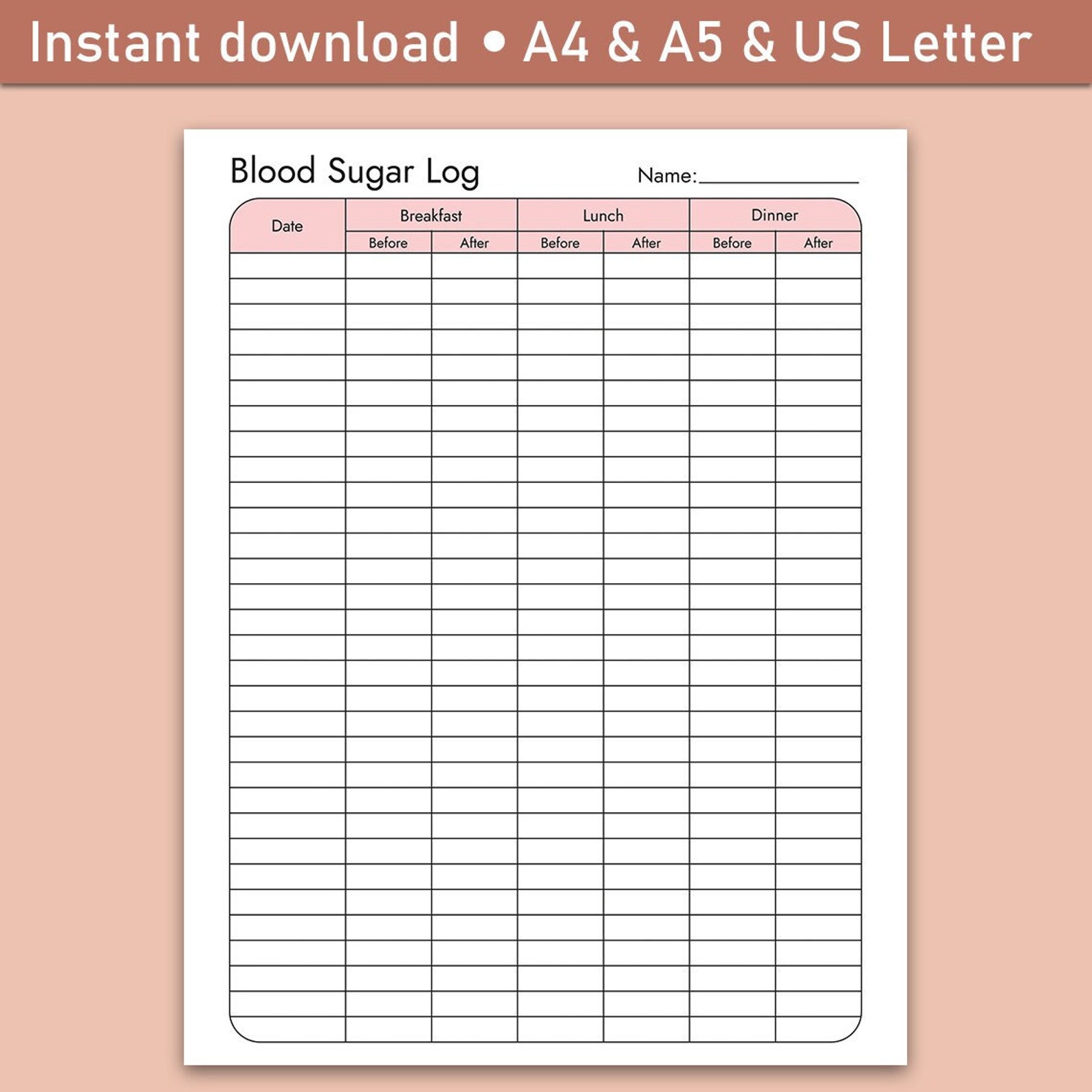 Printable Blood Sugar Log | Blood Sugar Tracker | Diabetes Tracker ...