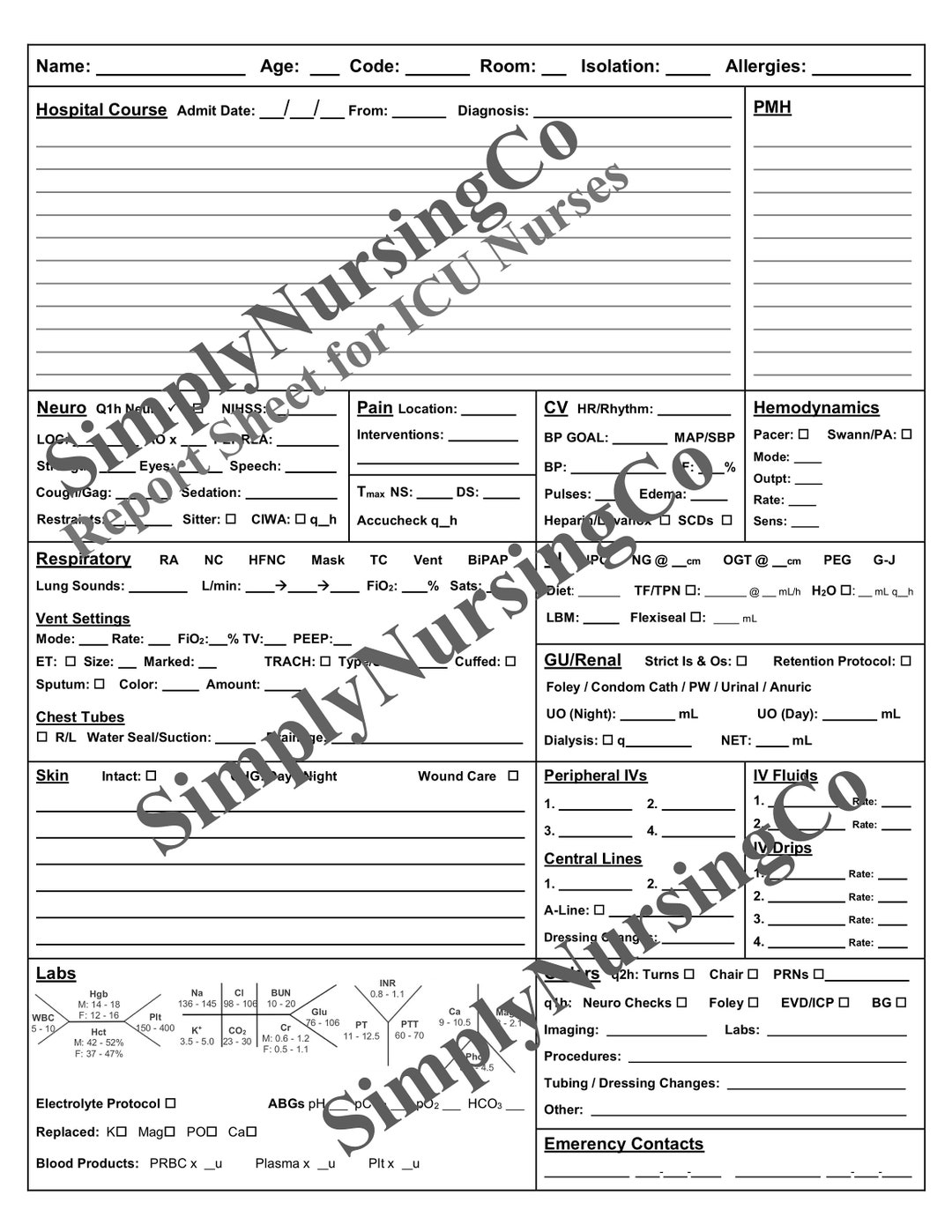 Printable ICU Nurse Report Sheet Etsy