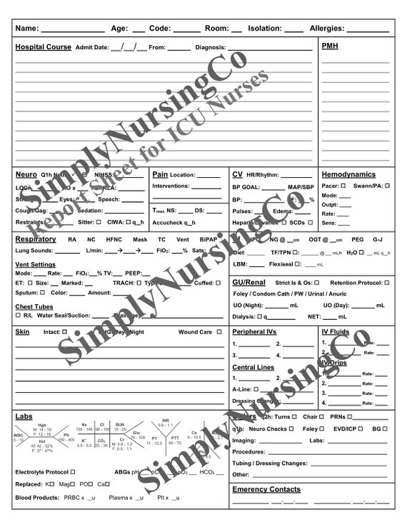 Printable ICU Nurse Report Sheet Etsy
