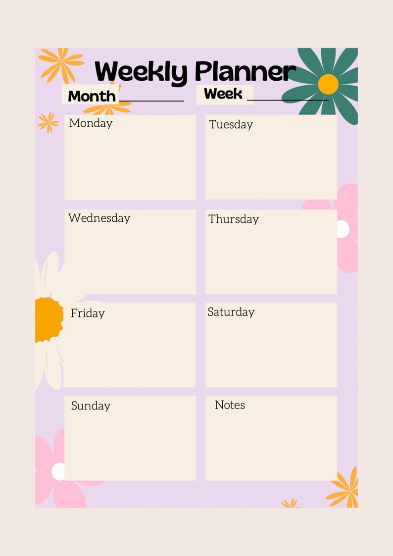 Cute Weekly Planner Printable, Cute Weekly A4 Planner Digital Template ...