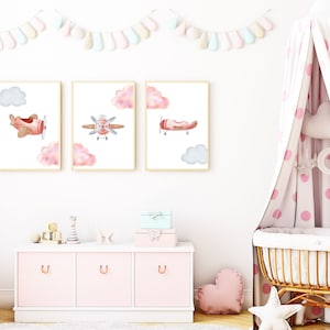 3 pink airplane wall prints, Airplane nursery art, Girl Nursery set of 3 Prints, Toddler girl airplane wall prints, Pink Nursery decor