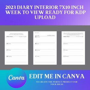 May include: A black and white printable 7x10 inch diary interior template for Kindle Direct Publishing (KDP). The template is designed for a weekly view and includes space for weekly goals, dates, and daily notes. The text "Edit Me In Canva" is displayed at the bottom of the image.