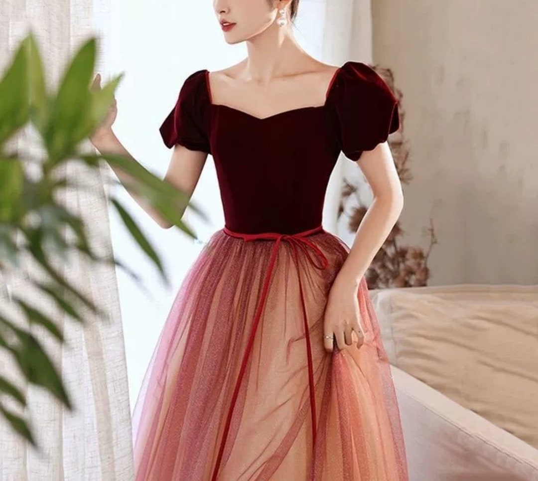 Wine Red Glitter Tulle Prom Dressfairy Dresscottagecore Etsy