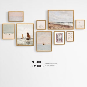 Vintage Coastal gallery wall art set of 9 Prints - Beach house wall art set - Neutral Nautical prints set - Printable Wall Art - Digital