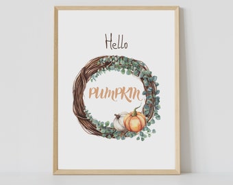 Hello Pumpkin Wall Art, Pumpkin Watercolor Print, Fall Decor, Fall Wall Art, Autumnal Prints, Pumpkin Watercolour Painting, Autumn Wall Art