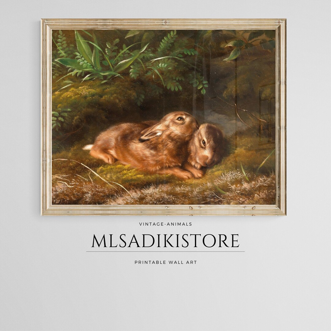 Vintage Rabbit Print Two Bunnies Painting Spring Bunny Artwork Nursery