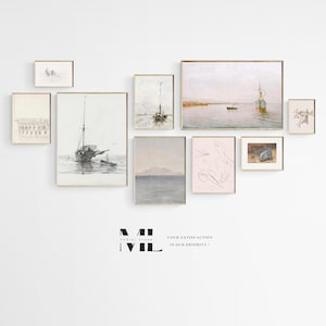 Vintage Coastal Gallery Wall Art Set of 9 – Antique Beach House Decor – Nautical Neutral Wall Art Painting– Printable Wall Art - Digital