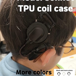May include: A black Medel Sonnet TPU coil case is shown on the back of a person's head. The image includes the text "More colors" and a color palette showing black, white, dark grey, orange, chocolate, and skin (nude).