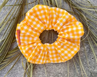Picnic -Handmade cotton  Scrunchie - High-Quality Cotton - Made in Greece-yellow Scrunchie- Check pattern Cotton fabric-Size Large