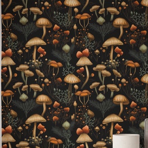 Dark Botanical Mushroom Wallpaper: Peel and Stick, Removable