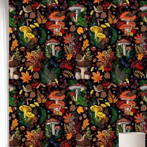 Dark Mushroom Wallpaper: Butterfly Botanical Mural, Peel and Stick