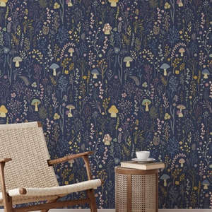 Navy Blue Wallpaper, Vintage Wallpaper, Mushroom Wallpaper,  Peel and Stick Wallpaper Boho, Kids Wallpaper, Boho Wallpaper, Colourful Mural