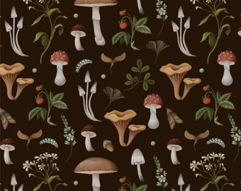 Mushroom Botanical Peel and Stick Wallpaper: Dark Wall Mural