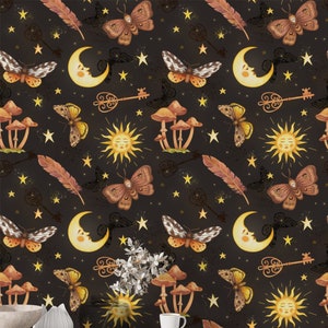 Celestial Peel and Stick Wallpaper: Sun, Moon, Butterfly Wall Mural