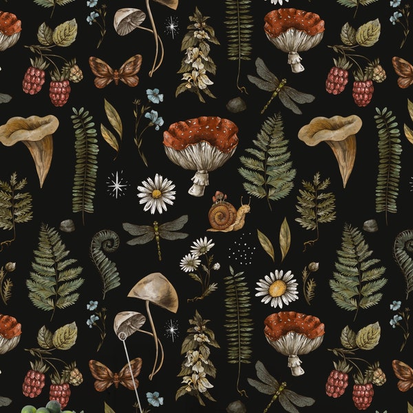 Daisy and Leaf Pattern Wallpaper, Dark Botanical Wallpaper, Mushroom Wallpaper, Forest Wallpaper,  Botanical Wallpaper, Dark Green Wallpaper