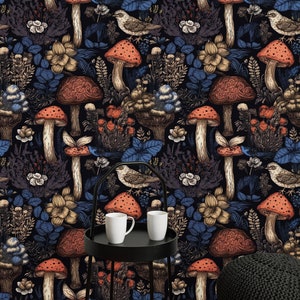 Dark Botanical Wallpaper, Woodland Wallpaper, Peel and Stick Wallpaper Mushroom, Removable Traditional Wallpaper, Wall Mural