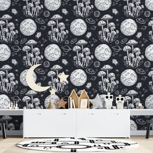 Moon & Mushroom Wallpaper: Black and White Wall Mural