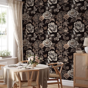 Dark Floral Wallpaper: Botanical Flower Wall Mural, Peel and Stick