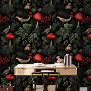 Chinoiserie Wallpaper, Forest Wallpaper, Secret Garden Peel and Stick, Mushroom Forest Mural, Laundry Room Wallpaper, Woodland Mural