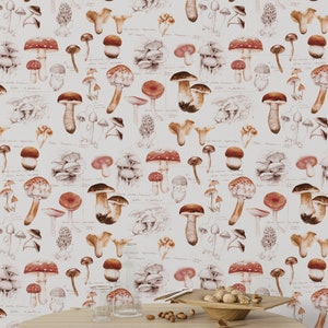 Mushroom Wallpaper: Vintage Botanical Peel and Stick Wall Mural