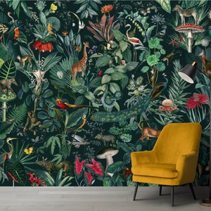 Dark Botanical Wallpaper, Mushroom Wallpaper,Forest Wallpaper Peel and Stick, Dark Green Wallpaper, Wall Mural Wallpaper, Vintage Wallpaper